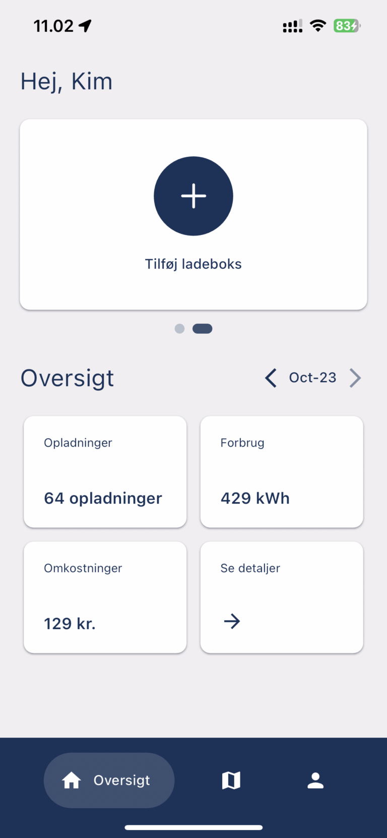 Din oversigts side, hvor du kan se dine ladebokse, samt en oversigt over dine månedlige opladninger